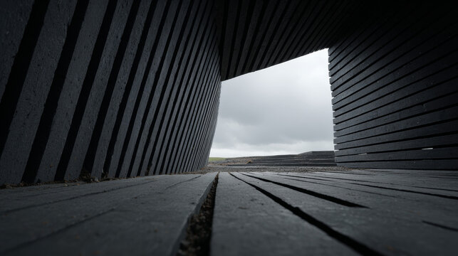 Low Angle Wide Shot Minimalist Dark Wooden Slat Tunnel Architecture Framing Overcast Light Gray Sky and Green Landscape Horizon