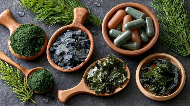 Flat lay of various seaweed based natural supplements including spirulina powder, nori flakes, kelp capsules and dried wakame in small wooden bowls on a dark slate surface