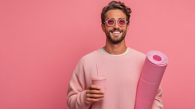 Smiling Man with Yoga Mat and Pink Drink for Wellness and Healthy Lifestyle, Monochromatic Aesthetic, Fitness, Self Care