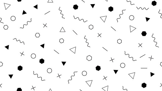 Seamless geometric pattern with black minimalist memphis elements on white background