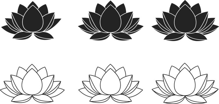 Collection of black and white lotus flower icons and outlines on white background