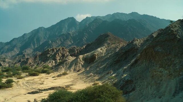 Arid desert landscape with thorny acacia trees thriving in sandy wadi, leading to imposing, rough textured mountains under a clear sky, an enduring image of resilience and natural beauty