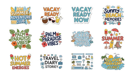 Summer Vacation Sticker Pack: A vibrant collection of graphic stickers featuring summer vacation themes, including beach fun, travel, and adventure, designed to add a festive touch to any project. © Rahimatul