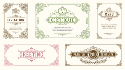 Vintage retro cards. Template greeting card wedding invitation. Line calligraphic frames © bow