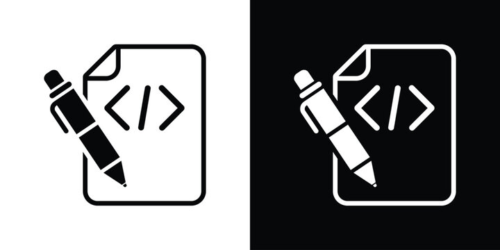 Coding file and pencil icon. Vector illustration of software script editing, code writing, and web programming concept isolated on black and white.