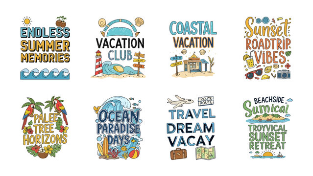 Summer Vacation Vibes Collection: A vibrant collection of illustrated typography celebrating the spirit of summer vacations, including beachside retreats, road trips, and tropical getaways.