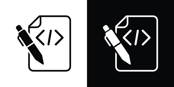 Coding file and pencil icon. Vector illustration of software script editing, code writing, and web programming concept isolated on black and white.