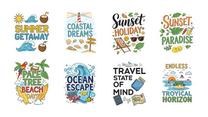 Collection of Summer Vacation Vibes: A vibrant compilation of artistic illustrations celebrating the essence of summer holidays and tropical getaways, featuring beach themes, coastal dreams. © Rahimatul