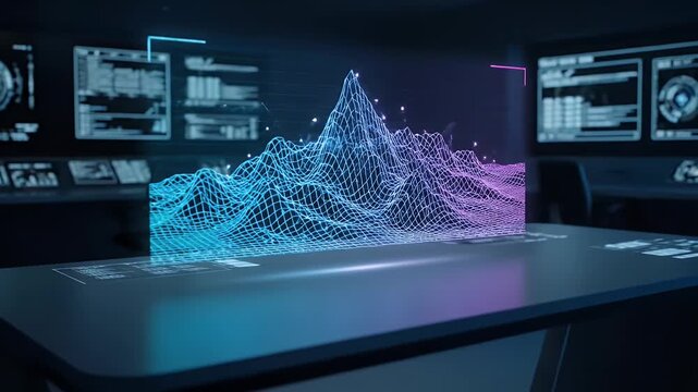Holographic 3D terrain visualization on futuristic desk in a dark command center hub