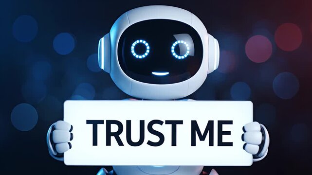 White robot holding trust me sign with glowing blue eyes and a dark bokeh background