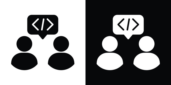 Two people talking about coding icon. Software developers discussion or programming forum vector illustration isolated on black and white.