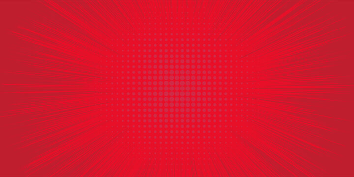 Comic background. Pop art texture. Starburst cartoon style. Anime design with explosion effect for prints. Fun dot pattern. Red backdrop with halftone gradient. Funny line frame. Vector illustration