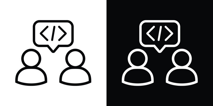 Two people talking about coding icon. Software developers discussion or programming forum vector illustration isolated on black and white.