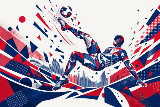 United States soccer player performing an aerial bicycle kick in a dynamic geometric poster design. United States national football team wallpaper, banner, background.
