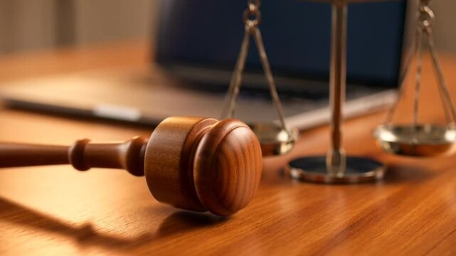 Gavel and Scales of Justice on Wooden Desk with Laptop in Background.