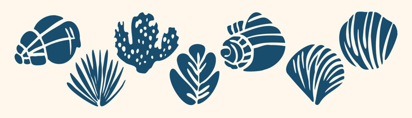 Seashell collection vector illustration: linocut-style seashells, coral and seaweed silhouettes in minimal rustic stamp design, bold navy blue coastal aesthetic set. © Maria Petrish