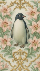 Naklejka premium Elegant penguin floral wallpaper design for mobile