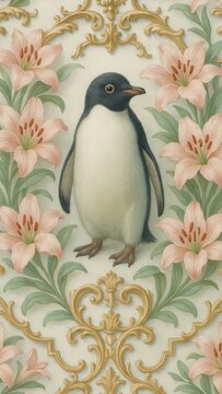 Elegant penguin floral wallpaper design for mobile