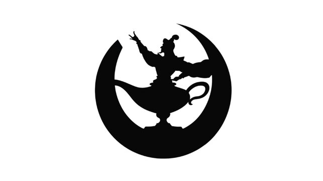 Silhouette of a genie emerging from a magic lamp on a crescent moon on transparent background