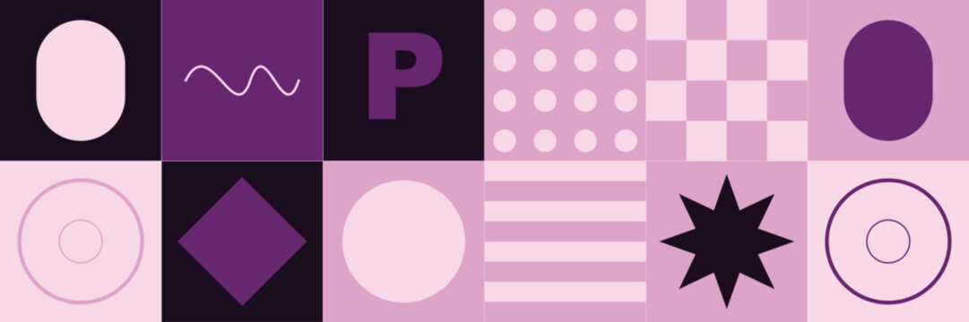 Minimalist geometric pattern set with soft purple tones featuring dots letters and simple shapes.