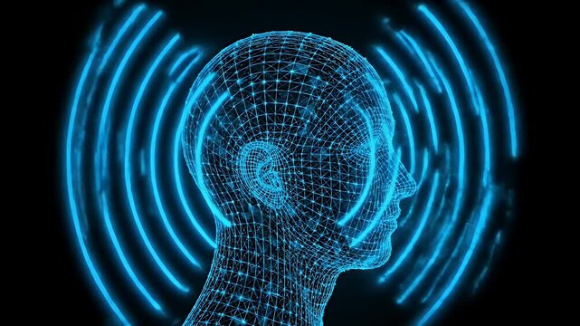 Digital human head with signal waves representing artificial intelligence and minds.