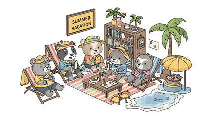 Teddy Bear Summer Vacation Gathering: A charming illustration depicts a group of teddy bears enjoying a cozy summer vacation, complete with beach chairs, a swimming pool. © Rokaiya