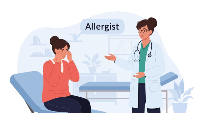 Allergist consultation: Doctor explaining diagnosis to patient. Vector