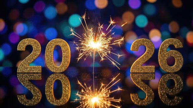 Glittery gold numbers twenty fifty and twenty fifty six with sparklers on reflective surface with colorful bokeh lights