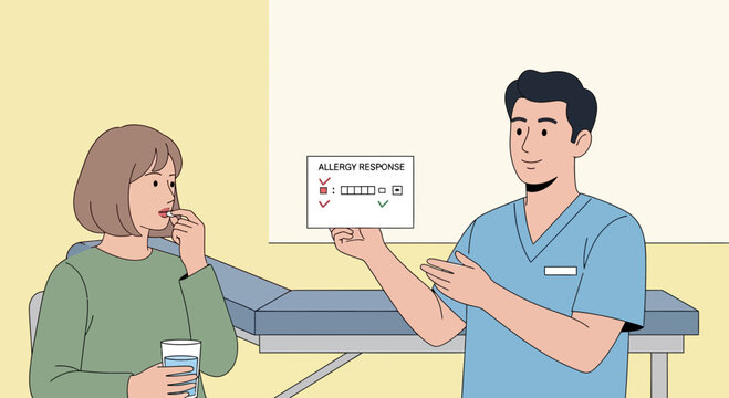 Allergy test result: Doctor consults with patient. Health care.