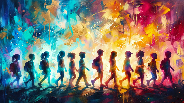 A vibrant procession of young school children silhouetted against a colorful abstract art backdrop
