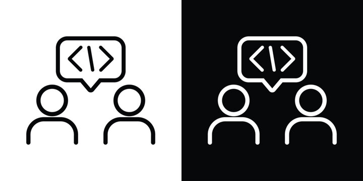 Two people talking about coding icon. Software developers discussion or programming forum vector illustration isolated on black and white.