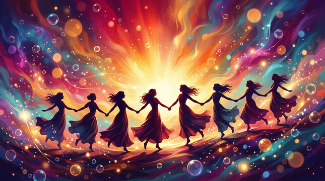 A group of silhouetted women dancing together in a radiant display of light and colorful magic