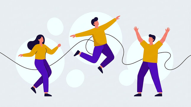 A minimalist flat vector illustration featuring three happy people dancing and jumping joyfully