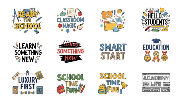 Collection of School Themed Illustrations: A vibrant collage of hand-drawn illustrations and typography celebrating the joys and essentials of learning and education.