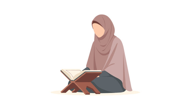A woman in a hijab reads from a book on a wooden stand during muharram in a serene environment with calm atmosphere and peaceful surroundings.