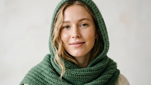 Model wearing a green knit hooded scarf against a light backdrop, cozy fashion portrait with textured winter styling, minimal elegance and editorial appeal for seasonal apparel and lifestyle branding,