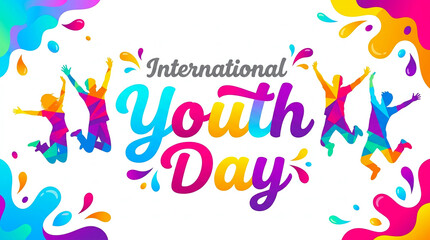 Naklejka premium Vibrant and colorful International Youth Day graphic featuring jumping silhouettes and paint splashes