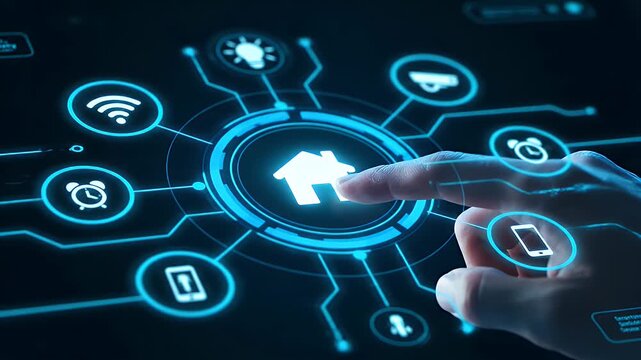 Smart home automation system concept with a finger touching glowing house interfaces