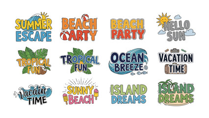 Summer Vacation Vibes: A vibrant collection of graphic designs embodying the essence of summer holidays, featuring playful typography, sunny motifs, and beach-themed illustrations. © Rahimatul