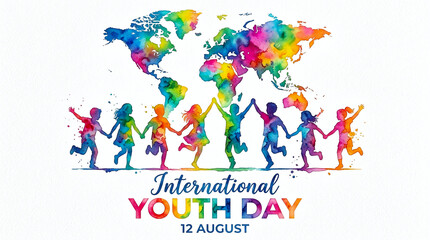 Obraz premium A colorful watercolor illustration depicting children holding hands under a world map for International