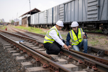 Fototapeta premium Infrastructure Inspectors Conducting Safety Inspection at Railroad Trackside Area