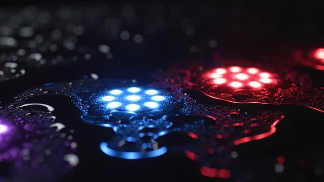 Close-up of wet surface with glowing blue and red led lights water drops purple illumination abstract water drops purple illumination abstract