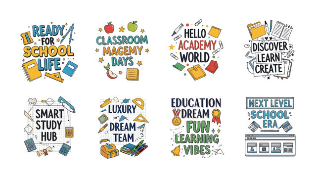 Educational Collage: A vibrant collection of eight hand-drawn graphic designs featuring inspirational quotes and icons related to education, learning, and school life.