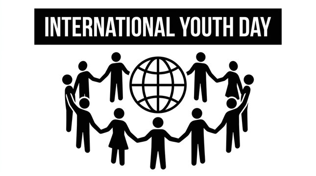 A circular group of diverse people holding hands around a globe icon to celebrate International Youth Day