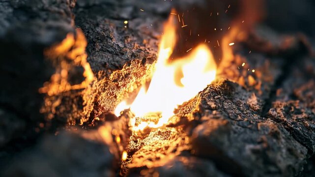Burning Bark Crack with Flames Sparks and Ember Glow in Dark Cinematic Macro