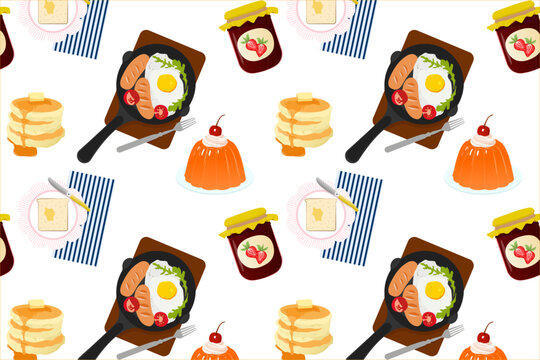 Seamless breakfast pattern with sausages eggs pancakes jam and fruit jelly on white background, colorful brunch food illustration decorative design.