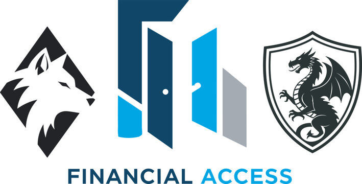 Collection featuring a black wolf head, blue and gray door symbol, and