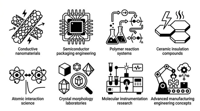 Collection of scientific and engineering concepts icons.