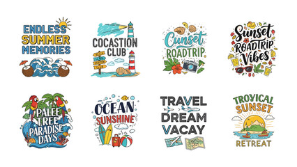 Summer Vacation Graphic Designs: A vibrant collection of eight diverse graphic designs celebrating the spirit of summer vacation, featuring themes like beach trips, road trips. © Rahimatul
