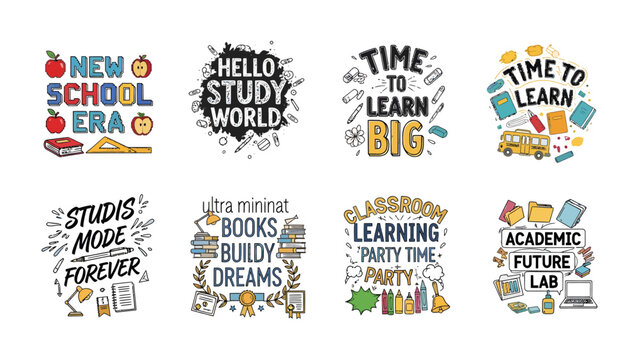 Set of School & Learning Designs: A collection of vibrant, hand-drawn typography designs featuring inspirational quotes and illustrations related to education, school, and learning.
